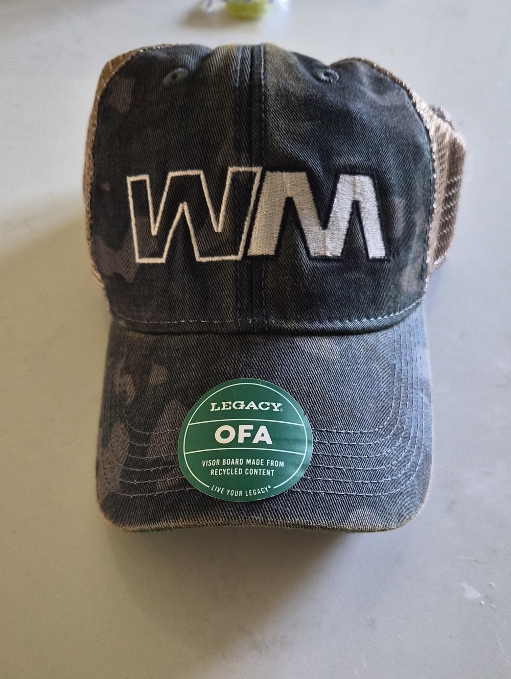 WM Logo Trucker Hat in Distressed Dark Gray with Tan Mesh